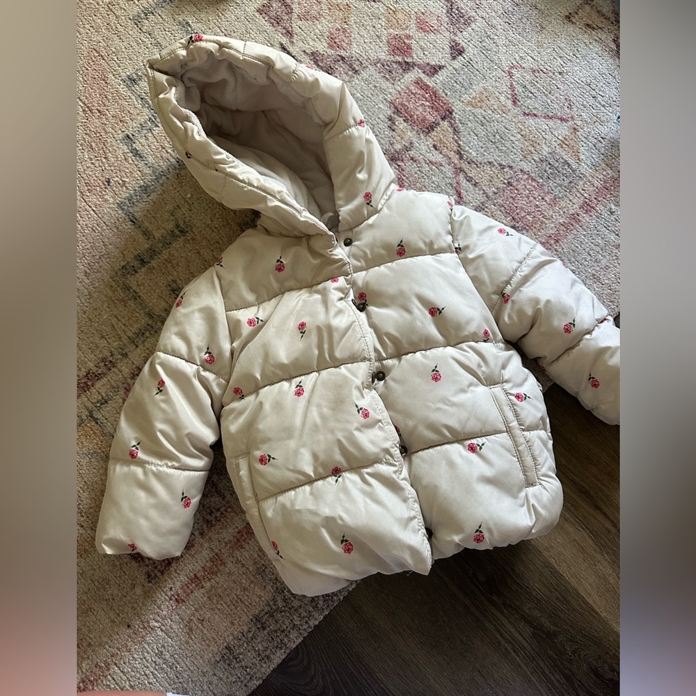 Old Navy Kids Puffer Jacket - Cream with Pink Accents